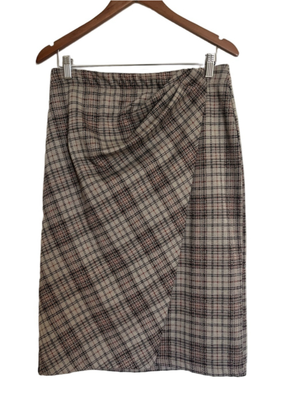Plaid Midi Wrap Style Skirt Beige and Brown Stretchy Max Studio Preppy Fall